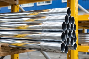 Stack of shiny metal pipes stored on yellow rack in industrial warehouse. Use: construction company website, hardware store catalog.
