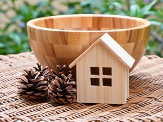 Small wooden house, pinecones on wicker table with large wood bowl. Use: home staging, lifestyle blog, craft fair booth.