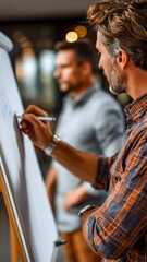 Obraz premium Two colleagues collaborate on ideas, one sketching on a flip chart while the other observes, fostering creativity and teamwork.