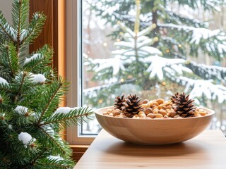 Snow-covered pine tree beside a wooden bowl of nuts and pinecones by window. Use: holiday card, winter greeting.