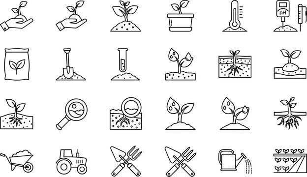 Complete plant science and soil cultivation line icons featuring seedling growth stages pH testing laboratory research and professional gardening equipment symbols