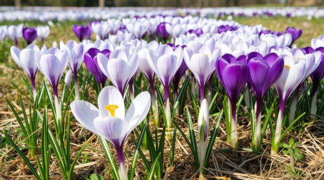 A field of white and purple crocus flowers blooms in bright sunlight with green grass around them. Use: spring decor advertisement, botanical. - Powered by Adobe