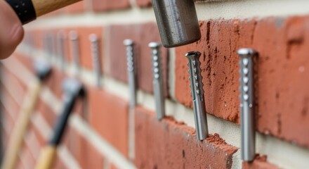 Closeup of rustresistant house number plaque anchors being hammered carefully into a brick wall for stable mounting.