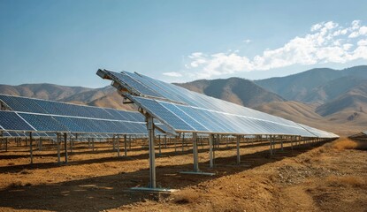 Large array of photovoltaic panels capturing solar energy, with a backdrop of hills and a clear sky