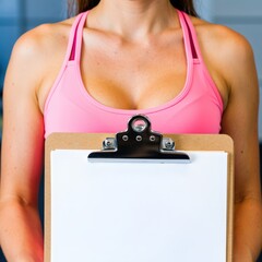 Female fitness trainer in pink sportswear holds clipboard during training session. Use: gym promotional materials, health website backgrounds.