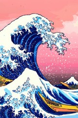 A towering wave engulfs traditional boats under a pink sky, evoking nature's raw power. Use: travel blog hero image, book cover illustration.