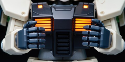 Close-up of a sophisticated android gripping, showcasing its blue mechanical arms against an industrial background. Use: robotics advertisement.