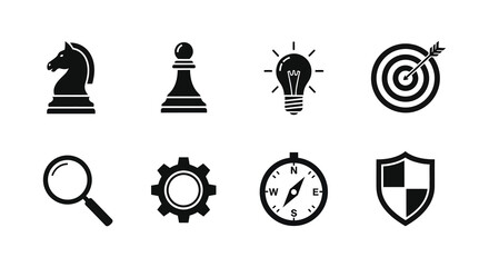 A collection of black object silhouettes representing strategy ideas and goals a detailed silhouette