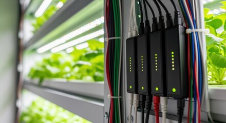 Close view of smart LED drivers and wiring bundled vertically in indoor farm shelving units for enhanced crop illumination.