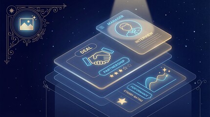 Abstract Digital Business Cards Representing Networking and Partnership in a Futuristic Setting