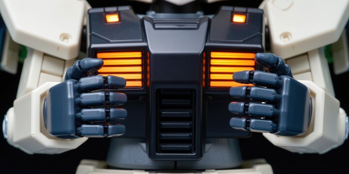 Close-up of a sophisticated android gripping, showcasing its blue mechanical arms against an industrial background. Use: robotics advertisement.
