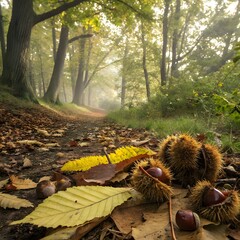 Chestnuts litter the forest floor.