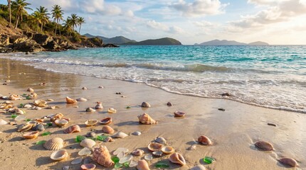 Scenic Beach with Colorful Shells and Clear Turquoise Water Under a Bright Sky at Sunset