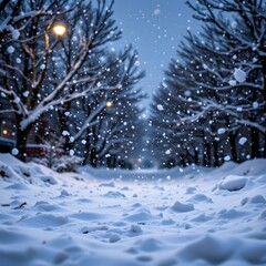 Snowy Tranquil Pathway at Night with Falling Snowflakes and Illuminated Trees in Urban Setting