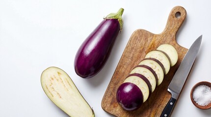 Freshly Sliced Purple Eggplant on Wooden Cutting Board with Kitchen Knife and Sea Salt