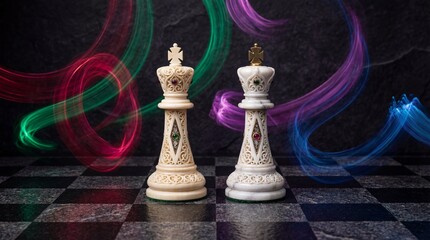 Intricately Designed Chess Kings in White and Black with Colorful Light Trails on Dark Background
