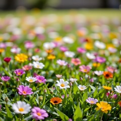 Colorful Blossoms of Various Flowers Blooming in a Lush Garden Under Bright Sunshine in Spring