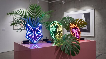 Colorful Neon Art Installation Featuring Abstract Faces with Tropical Plants in Contemporary Gallery