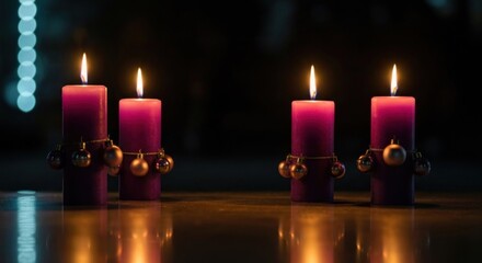 Four purple candles, adorned with gold ornaments, illuminate a dark space