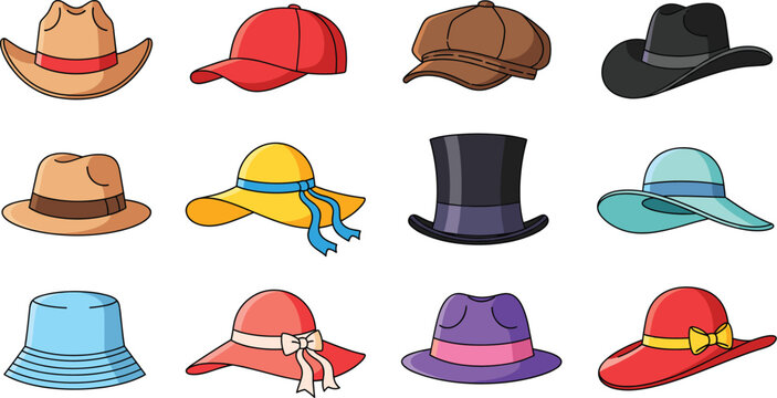 Collection of various stylish hats and caps vector illustration for fashion accessories, dress-up designs and clothing themes