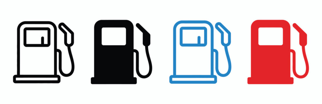 Gas Pump Icons, set of four isolated vector illustrations in different styles showing fuel station, petrol, and energy symbols