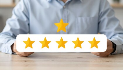 Person Holding Five Star Rating Feedback on a Table Indicating Customer Satisfaction and Quality