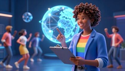 Smiling Young Businesswoman Presenting Technology Concept to Diverse Team in Modern Workplace