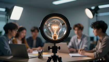 Light Bulb Illuminating a Creative Team Brainstorming Ideas in a Modern Workspace