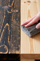 Female hands gently brush dark-stained wooden plank beside light, unfinished one in natural indoor setting. Use: home decor blog post, DIY.