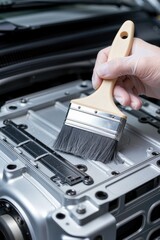 A gloved technician uses a brush to clean an automobile's metal surface. Use: automotive manual, instructional book cover.
