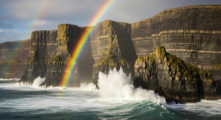 Rainbow over ocean cliffs landscape nature.