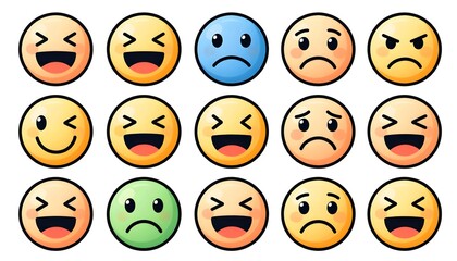 Collection of Colorful Expressions and Emoticons in Various Emotional States on White Background