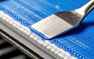 A close-up view of a blue and white painted textured cloth being detailed with precision. Use: product catalog, instructional guide, design portfolio.