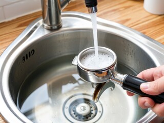 Someone rinses a metal container under running water in a kitchen utility sink. Use: home interior, lifestyle blog.