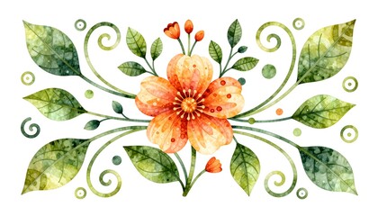 Delicate Watercolor Floral Design Featuring Orange Flower and Green Leaves with Swirling Vines