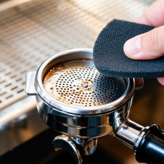 A hand cleans a stainless steel espresso filter with a black cloth in a cafe. Use: food blog post, cookbook photography.