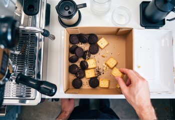 Male hand reaching into a cardboard box of dark cookies and golden crackers near an espresso machine. Use: coffee shop menu, snack advertisement.