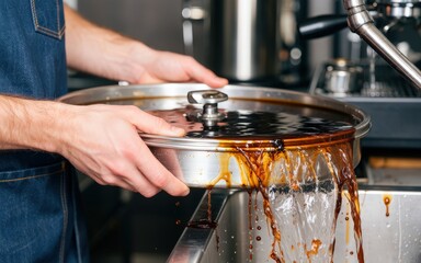 Barista pours freshly brewed dark brown hot coffee from a metal pot into a sink, demonstrating the commercial brewing process. Use: restaurant menu.