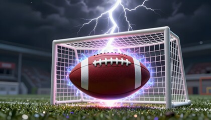 Football Surrounded by Lightning Striking the Goalpost in a Dramatic Nighttime Stadium Scene