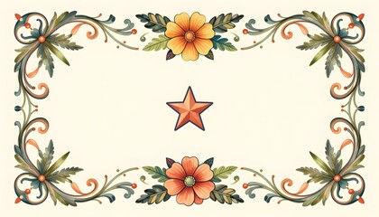 Ornate Floral Border Design Featuring Vibrant Flowers and a Center Star on a Vintage Background
