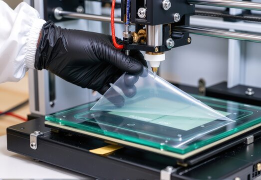 Technician in protective gear handles transparent material during 3D printing on glass substrate. Use: industrial technology brochure, manufacturing.