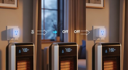 Animated sequence of a smart plug switching a space heater on and off at preset times for efficient room heating on cold mornings.