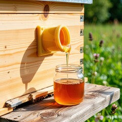 Golden amber honey flows from a beehive into a glass jar under bright sunlight on wooden wood. Use: cookbook photography, healthy living blog post.