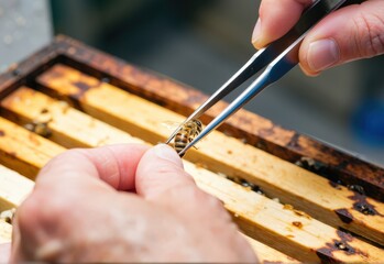 A beekeeper carefully handles a honey bee with tweezers from the hive. Use: educational material, sustainable farming guide.