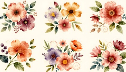 Beautiful Watercolor Floral Arrangement Featuring Vibrant Blooms and Delicate Greenery