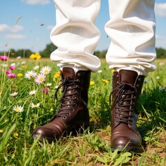 Brown laced work boots and white pants stand on lush green grass with colorful wildflowers. Use: outdoor fashion editorial, travel advertisement.