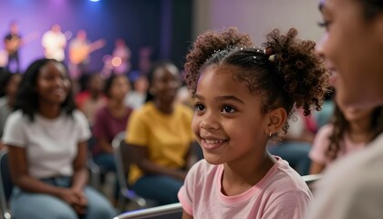 Young Girl Smiling While Watching Musical Performance with Engaged Audience in Community Center