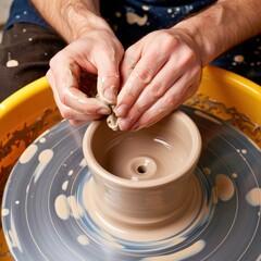 Skilled craftsman shapes ceramic clay on a spinning wheel, coiling thick and smooth earthenware. Use: artisanal product catalogs, pottery studio.