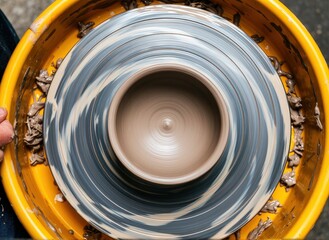 A craftsman skillfully shapes a clay piece on a pottery wheel, forming smooth circular textures. Use: artisanal product catalog, handmade goods.