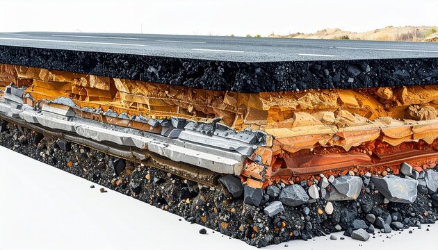 Detailed Cross-Section of an Asphalt Road Illustrating Foundation Layers, Subgrade, and Geotechnical Engineering Construction